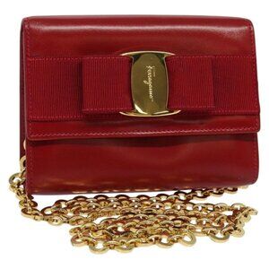 Authentic Salvatore Ferragamo Vala Chain Mini Shoulder Bag Leather Red Gold